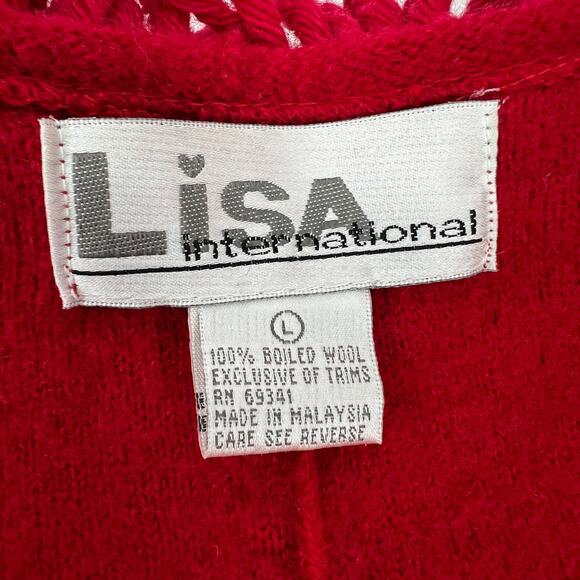 Vintage Lisa International Boiled Wool Cardigan Sweater Large Red V Neck Fringe - Picture 9 of 10
